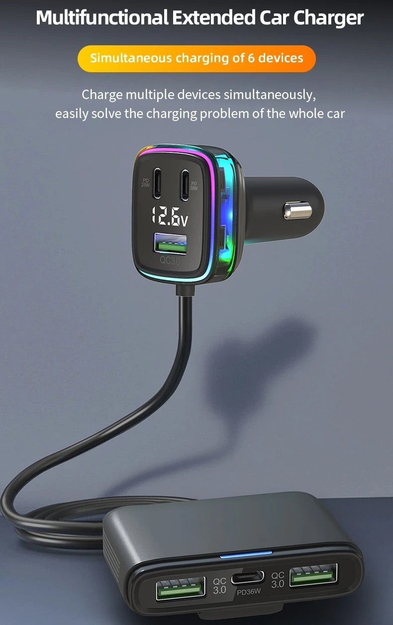 Bluejw 115W 6-Port USB Car Charger Adapter - 12-24V Fast QC 3.0 PD Cigarette Lighter Splitter, USB-C Socket Automobile Charger for Phones, Tablets & More - Image 3